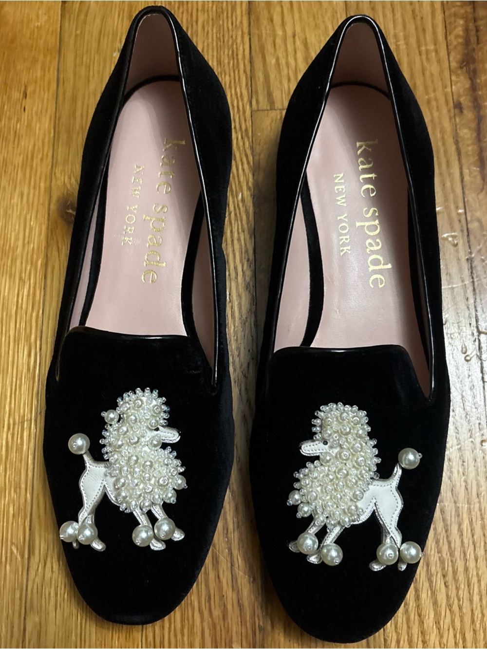 kate spade Black Velvet Poodle Pearl Loafers